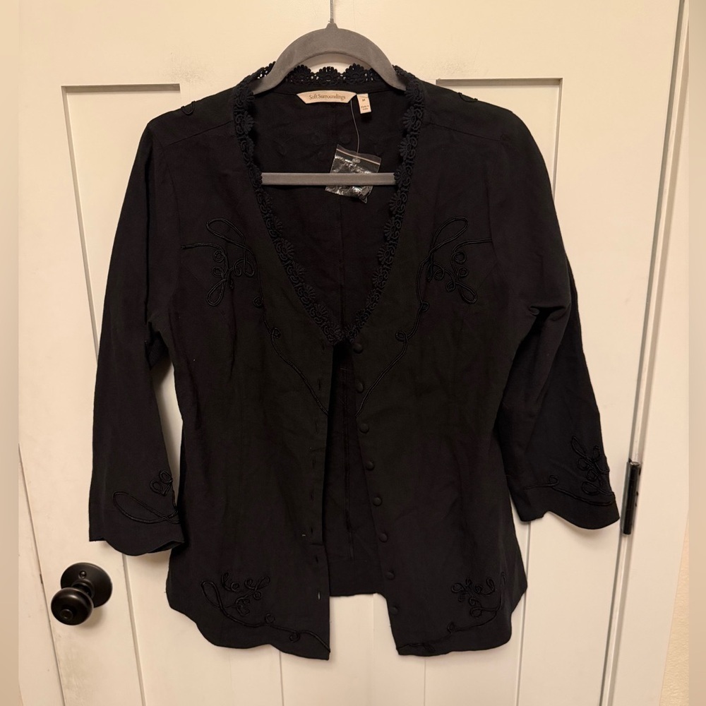 Soft Surroundings 100% Cotton Black Embroidered  Top Long Sleeve Cardigan NWT M